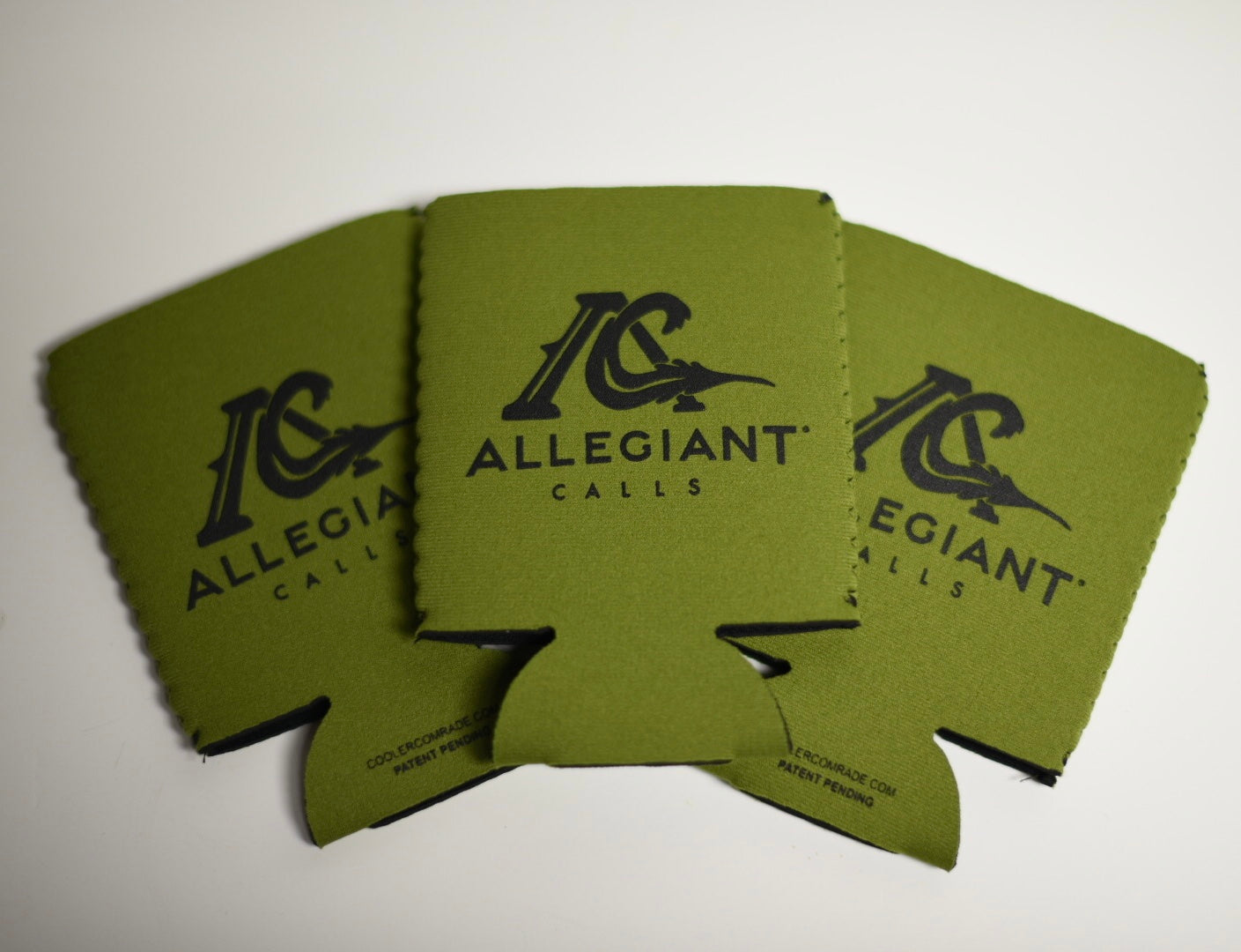 Allegiant Calls Koozie Loden Green with black logo and black side stitching.